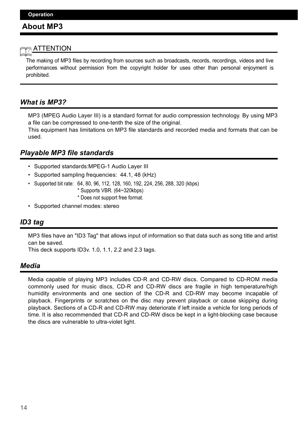 About mp3, What is mp3, Playable mp3 file standards | Id3 tag, Media | Eclipse - Fujitsu Ten CD2000 User Manual | Page 14 / 141