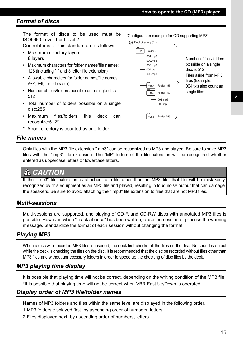 Format of discs, File names, Multi-sessions | Playing mp3, Mp3 playing time display, Display order of mp3 file/folder names, Caution | Eclipse - Fujitsu Ten CD2000 User Manual | Page 15 / 141