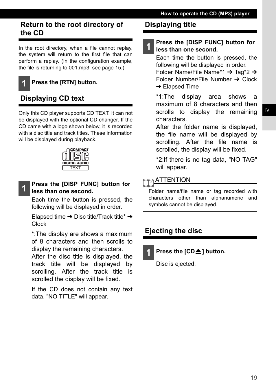 Return to the root directory of the cd, Displaying cd text, Displaying title | Ejecting the disc | Eclipse - Fujitsu Ten CD2000 User Manual | Page 19 / 141