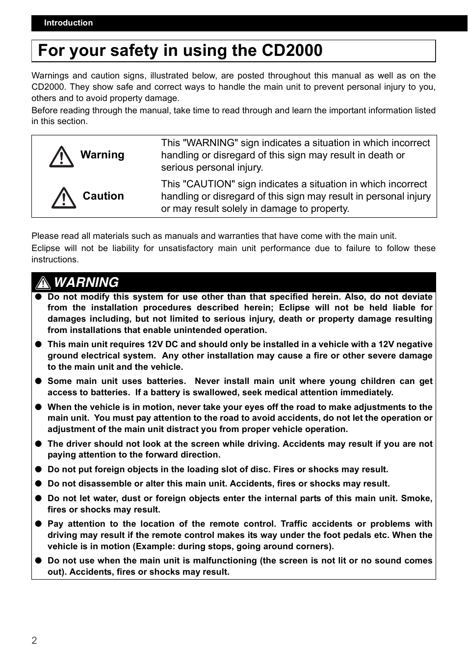 For your safety in using the cd2000, Warning | Eclipse - Fujitsu Ten CD2000 User Manual | Page 2 / 141