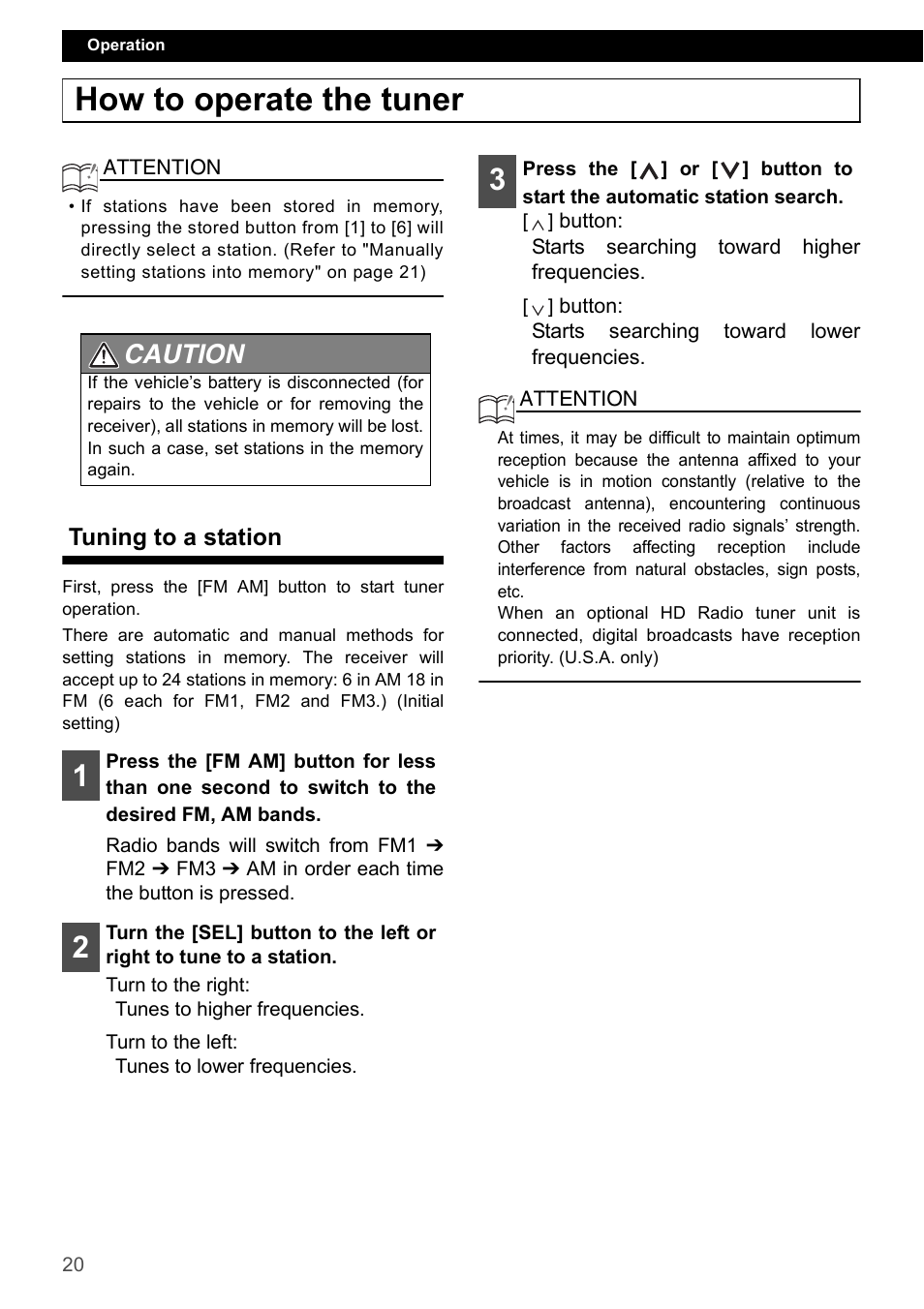 How to operate the tuner, Tuning to a station, Caution | Eclipse - Fujitsu Ten CD2000 User Manual | Page 20 / 141