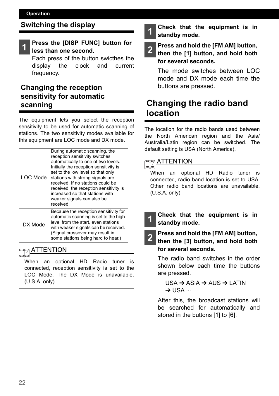 Switching the display, Changing the radio band location | Eclipse - Fujitsu Ten CD2000 User Manual | Page 22 / 141