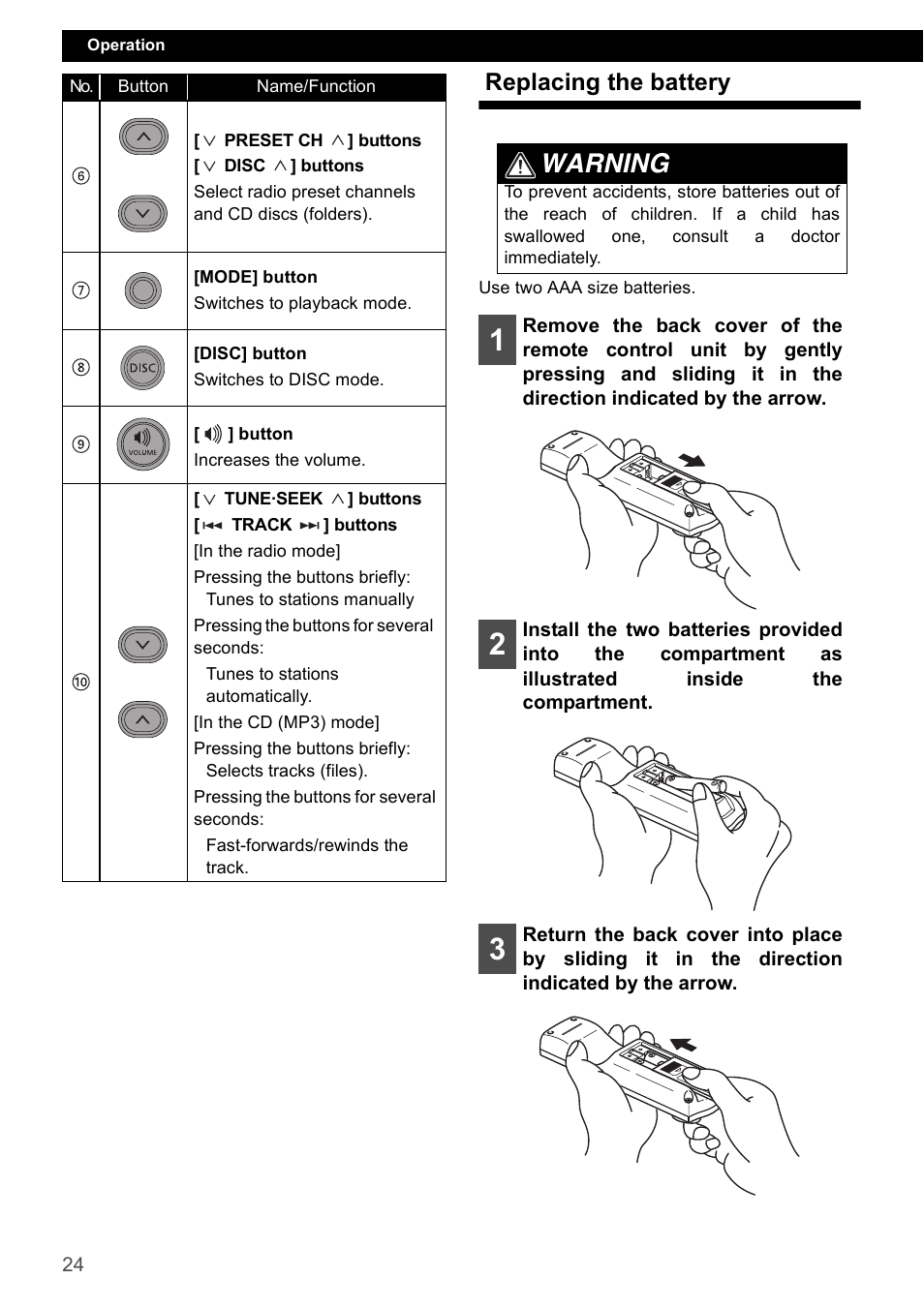 Replacing the battery, Warning | Eclipse - Fujitsu Ten CD2000 User Manual | Page 24 / 141