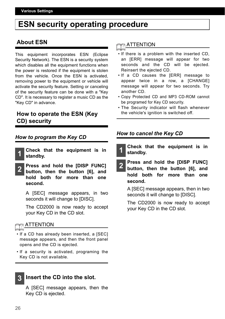 Esn security operating procedure, About esn, How to operate the esn (key cd) security | How to program the key cd, How to cancel the key cd, About esn how to operate the esn (key cd) security, How to program the key cd how to cancel the key cd | Eclipse - Fujitsu Ten CD2000 User Manual | Page 26 / 141