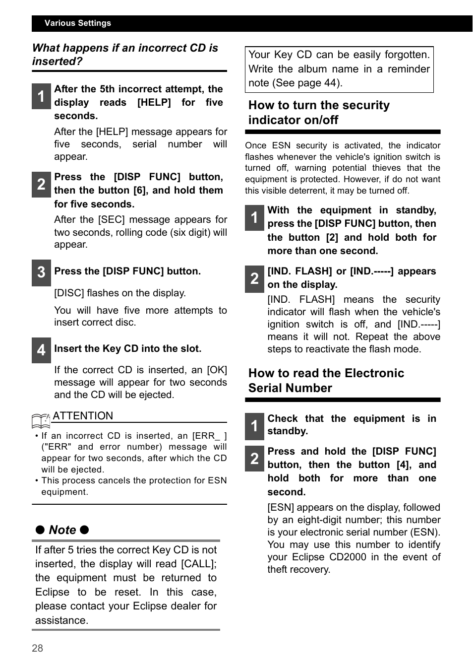 What happens if an incorrect cd is inserted, How to turn the security indicator on/off, How to read the electronic serial number | Eclipse - Fujitsu Ten CD2000 User Manual | Page 28 / 141