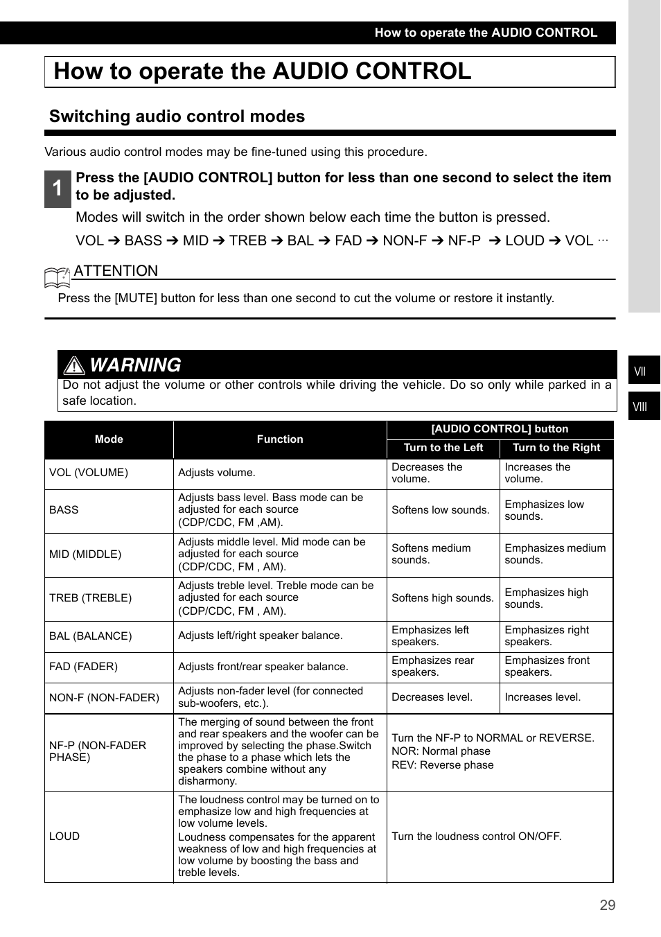 How to operate the audio control, Switching audio control modes, Warning | Attention | Eclipse - Fujitsu Ten CD2000 User Manual | Page 29 / 141