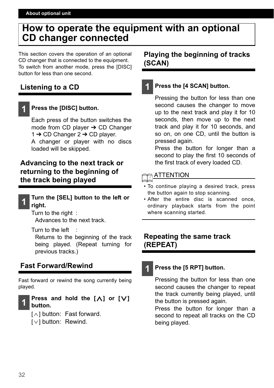 Listening to a cd, Fast forward/rewind, Playing the beginning of tracks (scan) | Repeating the same track (repeat) | Eclipse - Fujitsu Ten CD2000 User Manual | Page 32 / 141