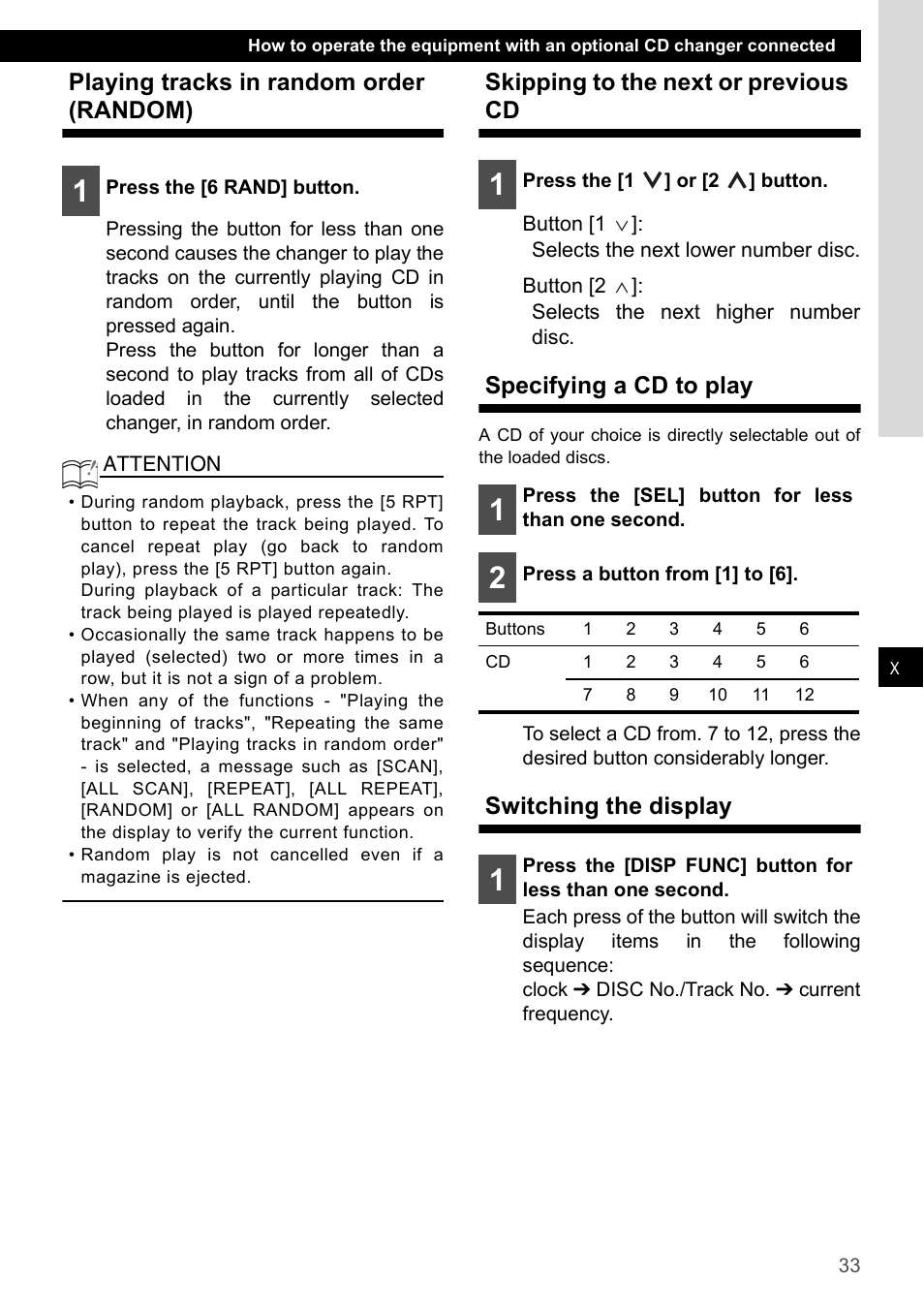 Playing tracks in random order (random), Skipping to the next or previous cd, Specifying a cd to play | Switching the display | Eclipse - Fujitsu Ten CD2000 User Manual | Page 33 / 141