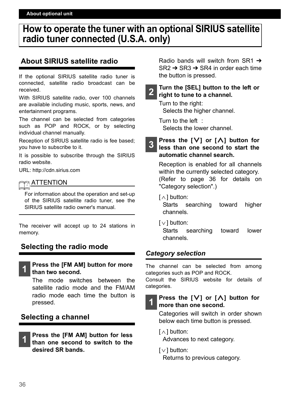 About sirius satellite radio, Selecting the radio mode, Selecting a channel | Category selection | Eclipse - Fujitsu Ten CD2000 User Manual | Page 36 / 141