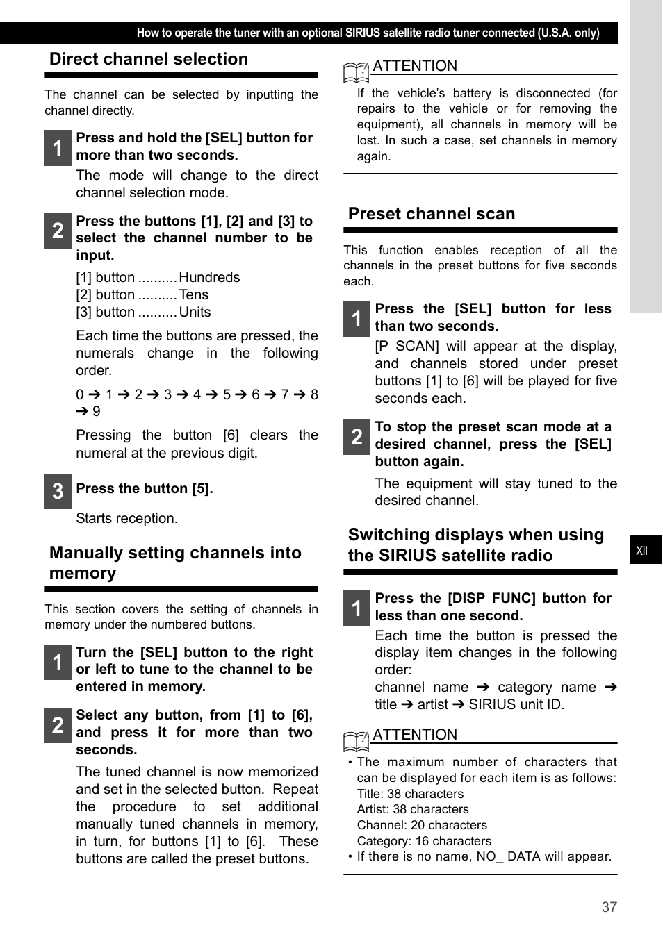 Direct channel selection, Manually setting channels into memory, Preset channel scan | Eclipse - Fujitsu Ten CD2000 User Manual | Page 37 / 141