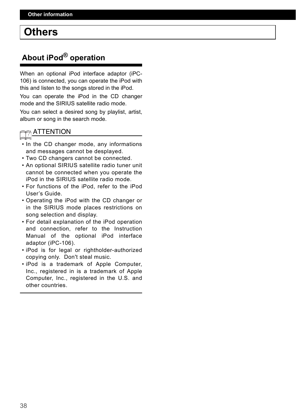 Others, About ipod® operation, About ipod | Operation | Eclipse - Fujitsu Ten CD2000 User Manual | Page 38 / 141