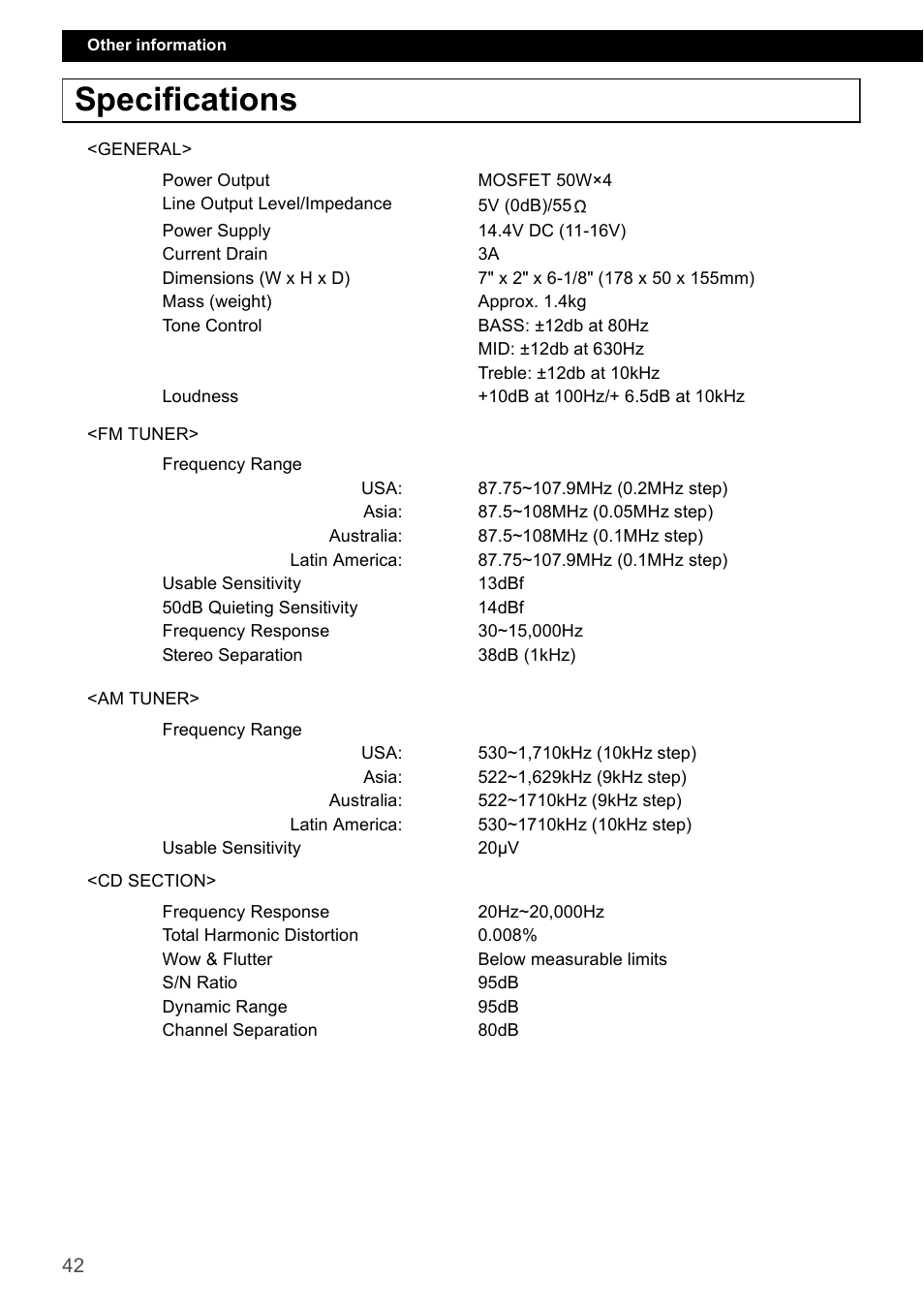 Specifications | Eclipse - Fujitsu Ten CD2000 User Manual | Page 42 / 141