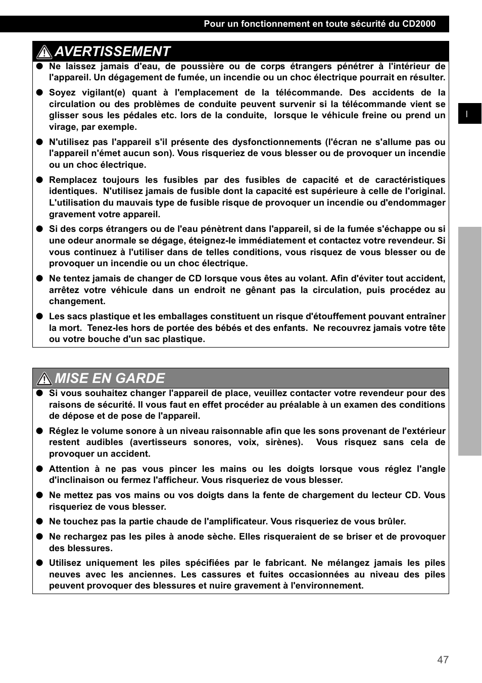 Avertissement, Mise en garde | Eclipse - Fujitsu Ten CD2000 User Manual | Page 47 / 141