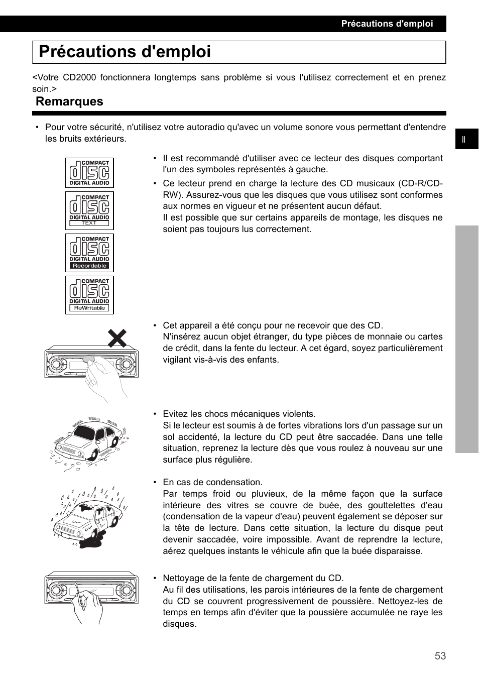 Précautions d'emploi, Remarques | Eclipse - Fujitsu Ten CD2000 User Manual | Page 53 / 141