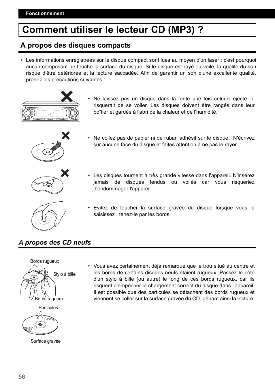 Comment utiliser le lecteur cd (mp3), A propos des disques compacts, A propos des cd neufs | Eclipse - Fujitsu Ten CD2000 User Manual | Page 56 / 141