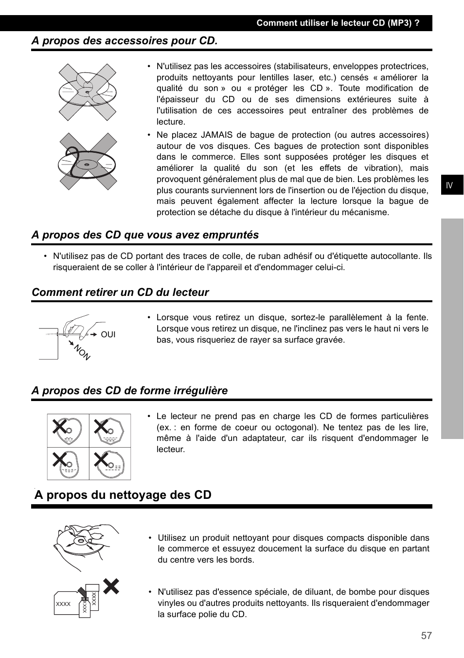 A propos des accessoires pour cd, A propos des cd que vous avez empruntés, Comment retirer un cd du lecteur | A propos des cd de forme irrégulière, A propos du nettoyage des cd | Eclipse - Fujitsu Ten CD2000 User Manual | Page 57 / 141