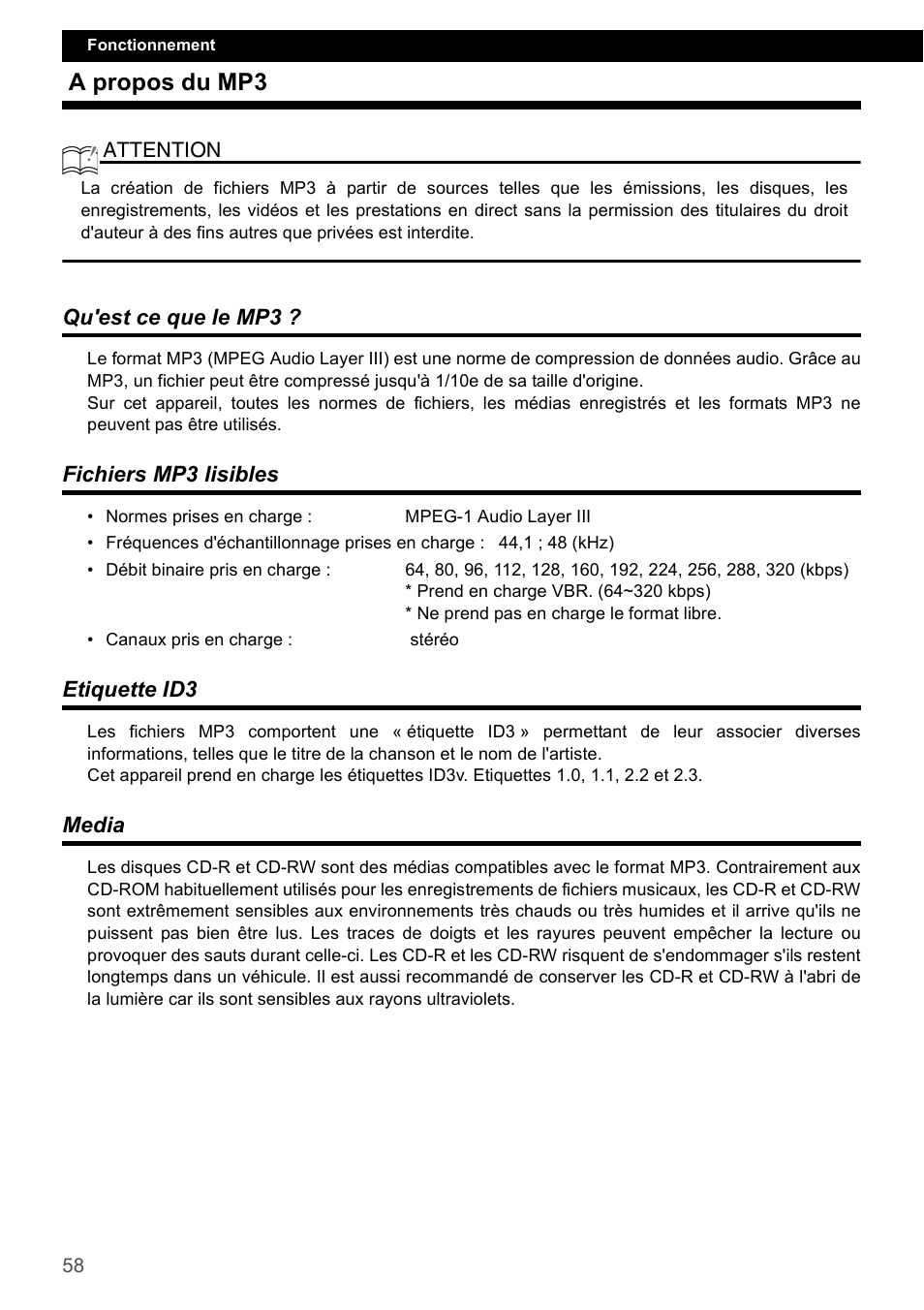 A propos du mp3, Qu'est ce que le mp3, Fichiers mp3 lisibles | Etiquette id3, Media | Eclipse - Fujitsu Ten CD2000 User Manual | Page 58 / 141