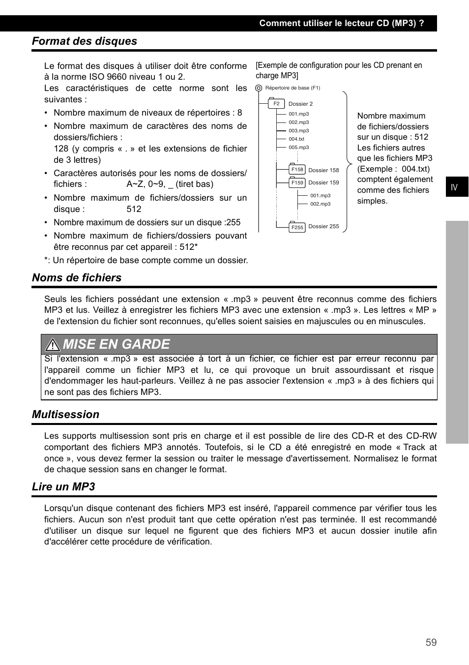 Format des disques, Noms de fichiers, Multisession | Lire un mp3, Mise en garde | Eclipse - Fujitsu Ten CD2000 User Manual | Page 59 / 141