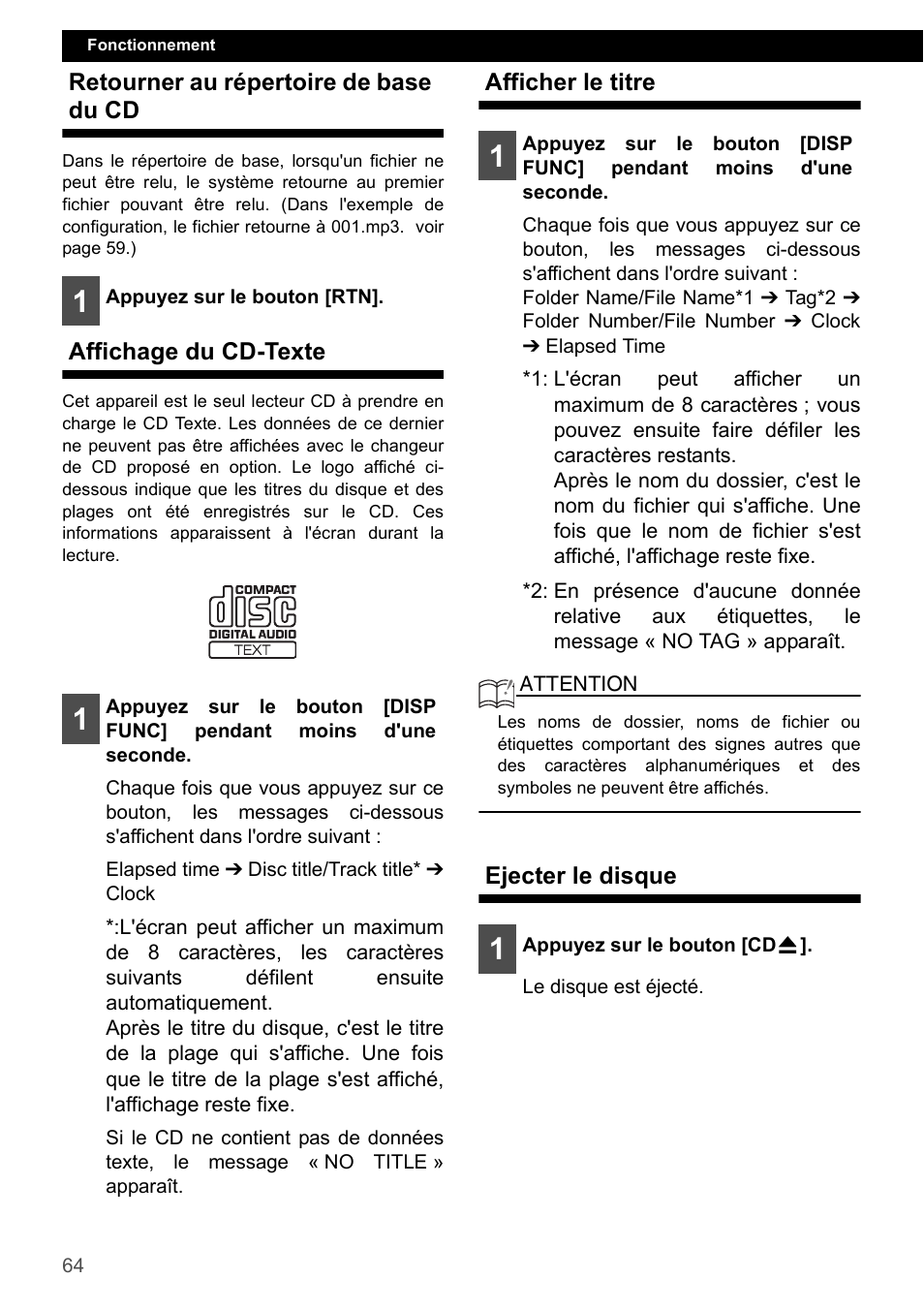 Retourner au répertoire de base du cd, Affichage du cd-texte, Afficher le titre | Ejecter le disque | Eclipse - Fujitsu Ten CD2000 User Manual | Page 64 / 141