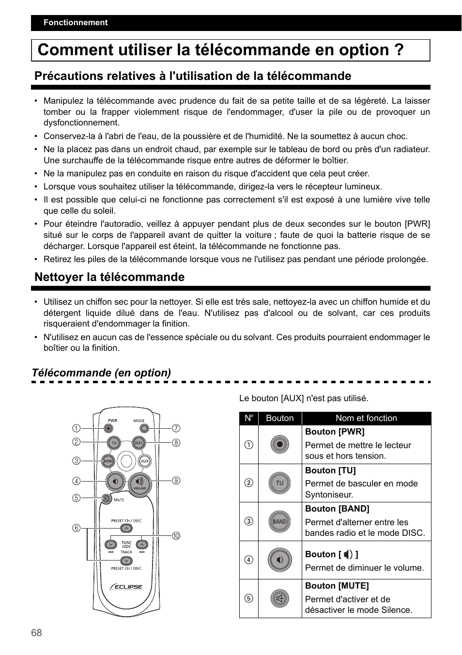 Comment utiliser la télécommande en option, Nettoyer la télécommande | Eclipse - Fujitsu Ten CD2000 User Manual | Page 68 / 141