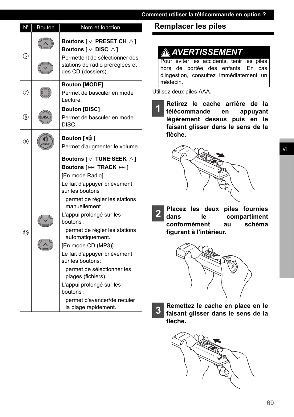 Remplacer les piles, Avertissement | Eclipse - Fujitsu Ten CD2000 User Manual | Page 69 / 141