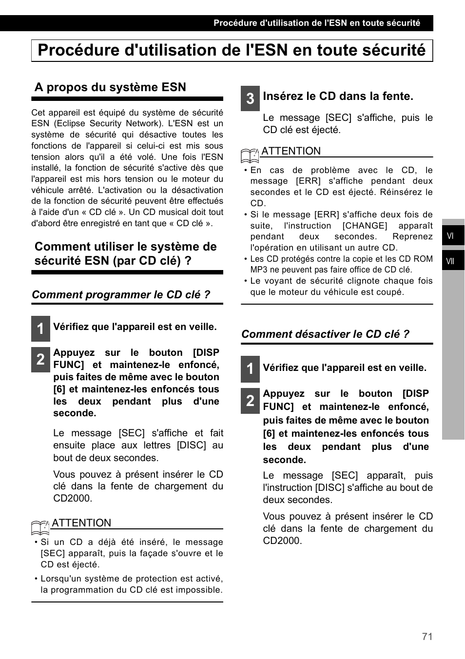 Procédure d'utilisation de l'esn en toute sécurité, A propos du système esn, Comment programmer le cd clé | Comment désactiver le cd clé | Eclipse - Fujitsu Ten CD2000 User Manual | Page 71 / 141