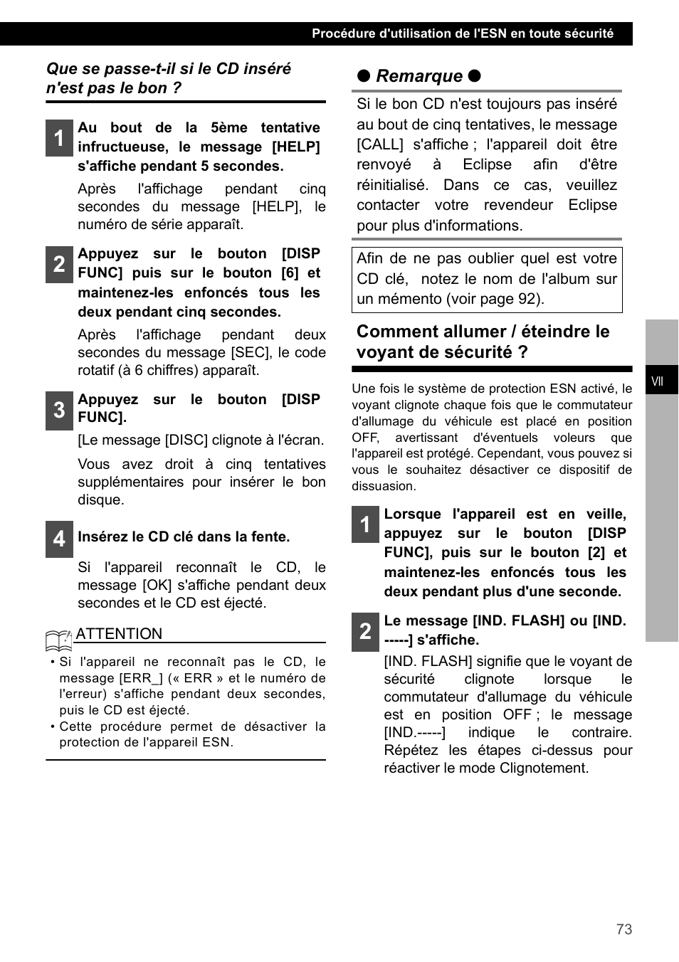 Que se passe-t-il si le cd inséré n'est pas le bon, Comment allumer / éteindre le voyant de sécurité | Eclipse - Fujitsu Ten CD2000 User Manual | Page 73 / 141