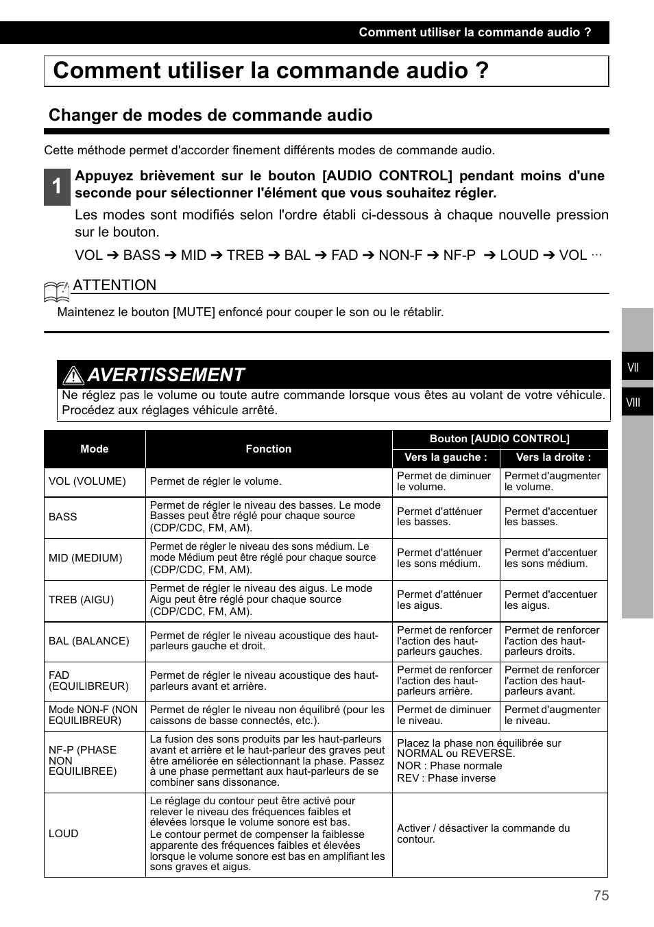 Comment utiliser la commande audio, Changer de modes de commande audio, Avertissement | Attention | Eclipse - Fujitsu Ten CD2000 User Manual | Page 75 / 141