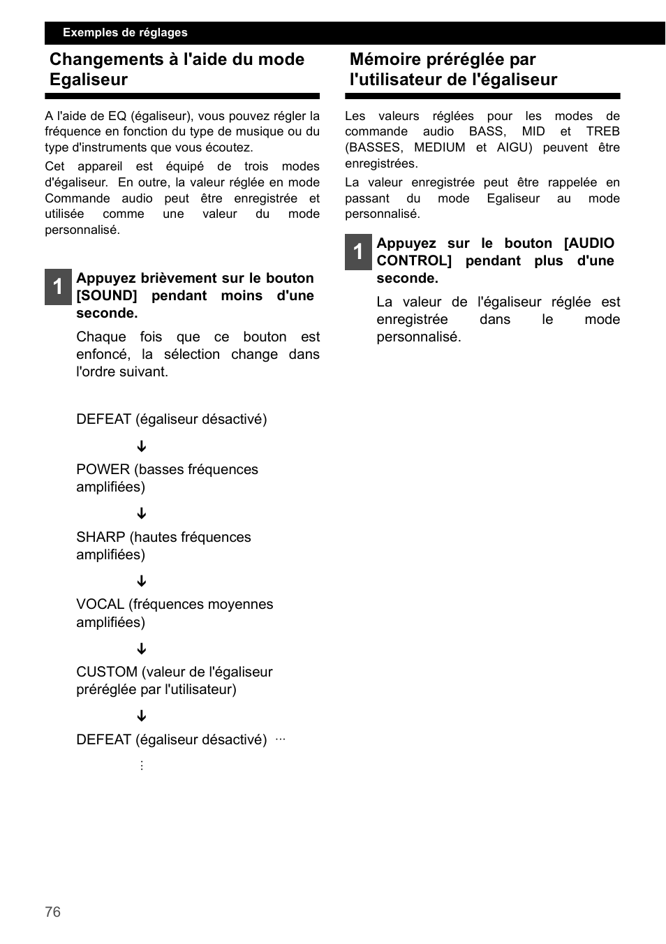 Changements à l'aide du mode egaliseur, Mémoire préréglée par l'utilisateur de l'égaliseur | Eclipse - Fujitsu Ten CD2000 User Manual | Page 76 / 141