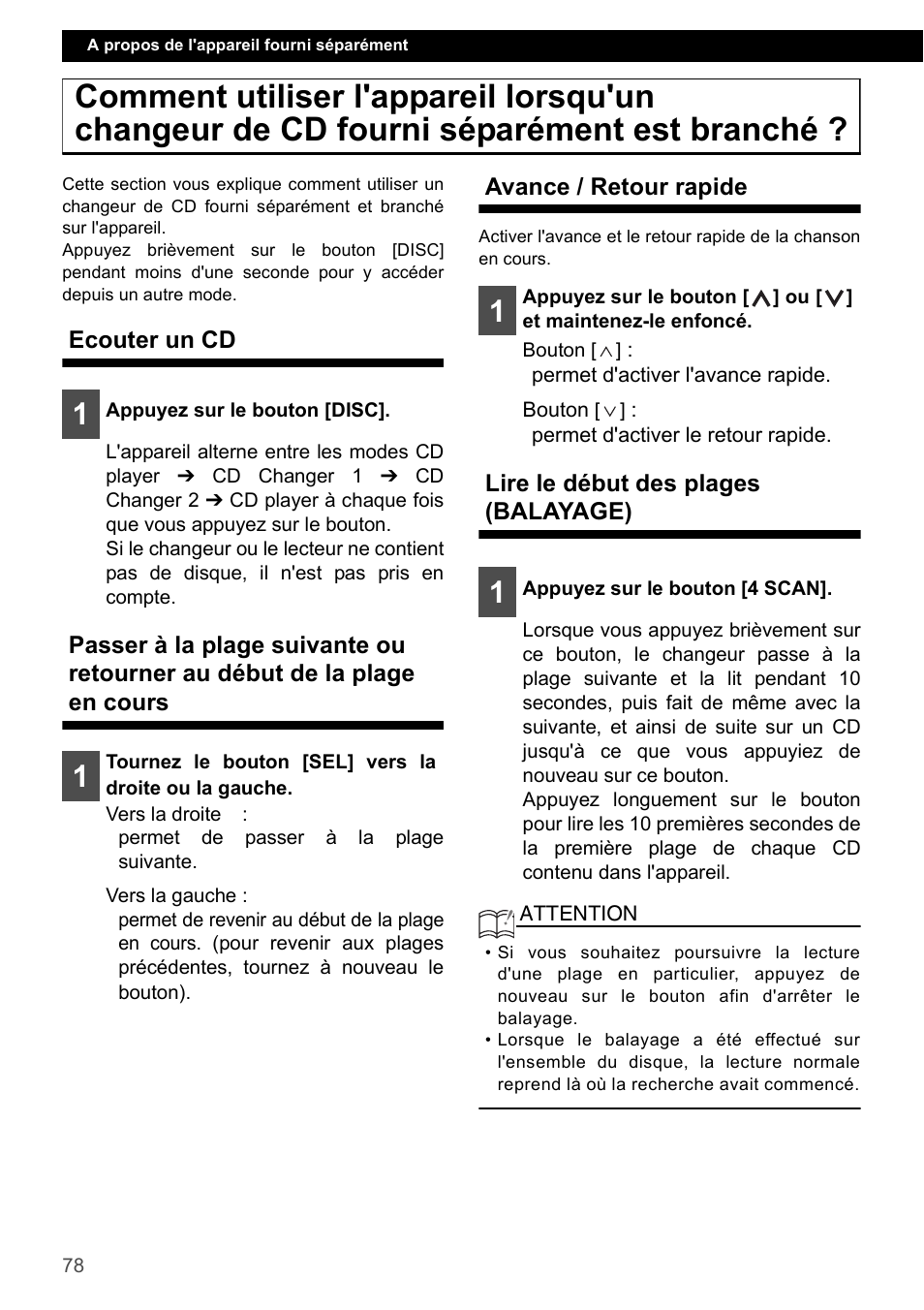 Ecouter un cd, Avance / retour rapide, Lire le début des plages (balayage) | Eclipse - Fujitsu Ten CD2000 User Manual | Page 78 / 141