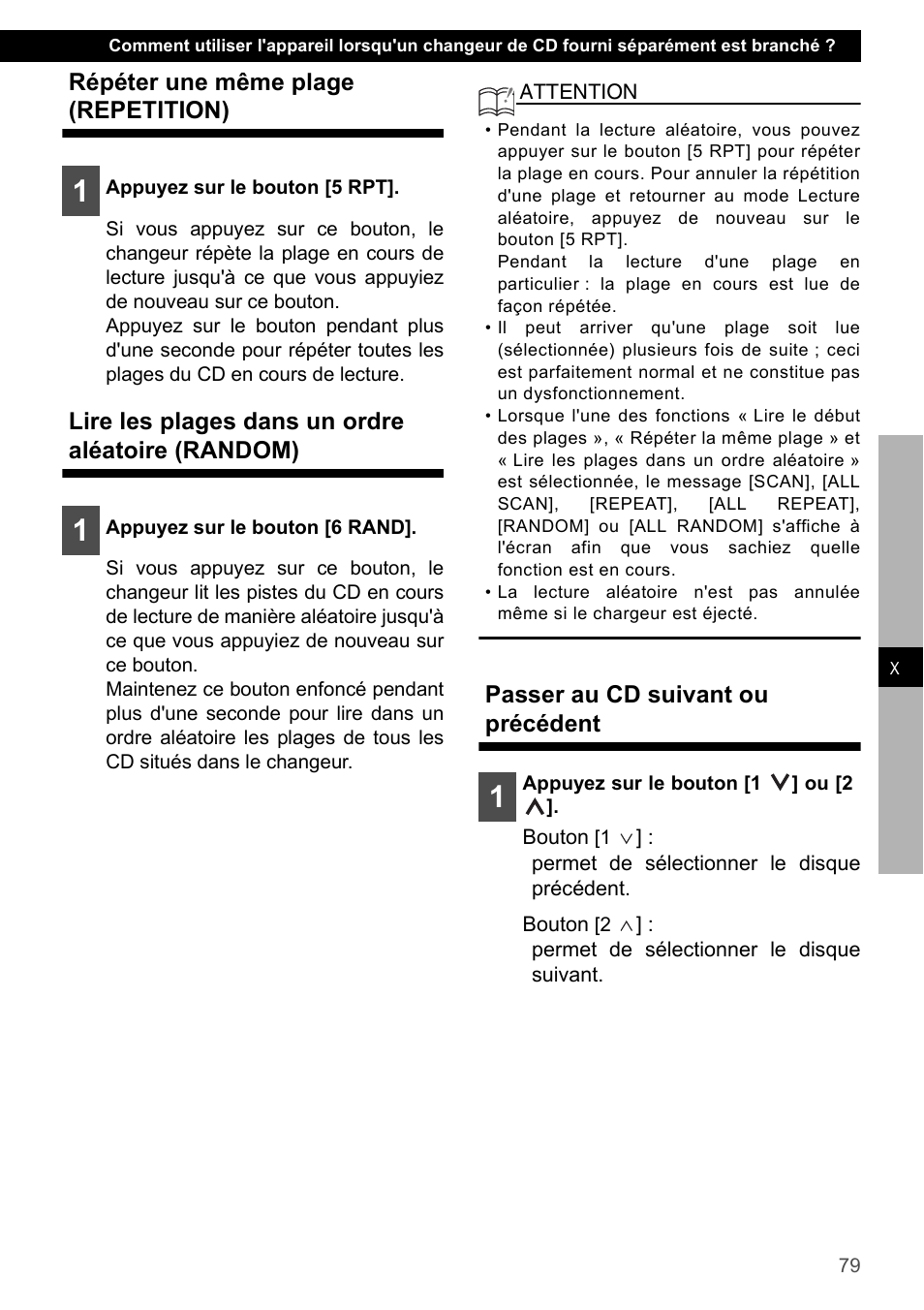 Répéter une même plage (repetition), Lire les plages dans un ordre aléatoire (random), Passer au cd suivant ou précédent | Eclipse - Fujitsu Ten CD2000 User Manual | Page 79 / 141