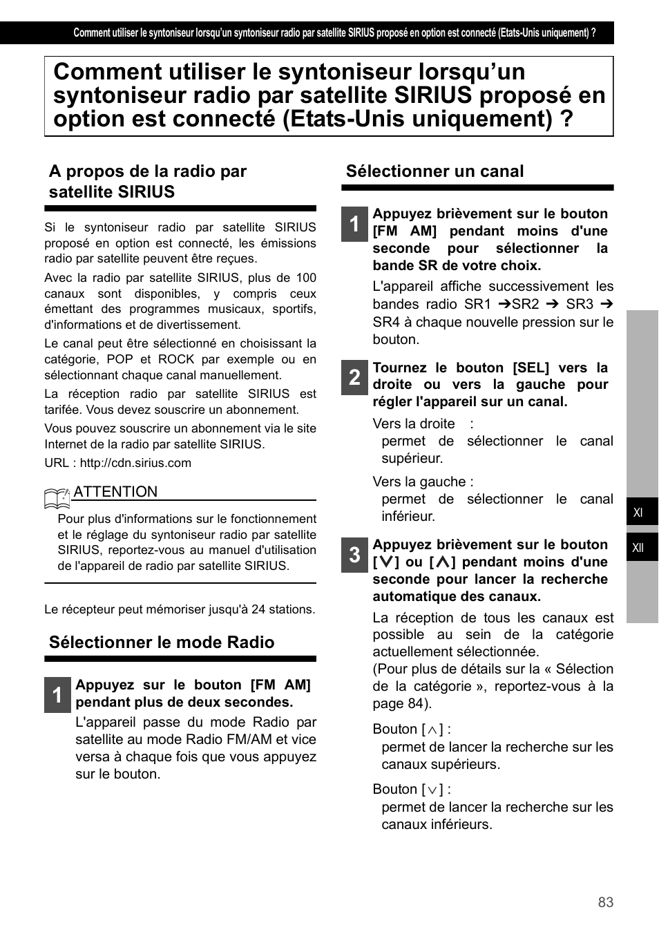 A propos de la radio par satellite sirius, Sélectionner le mode radio, Sélectionner un canal | Eclipse - Fujitsu Ten CD2000 User Manual | Page 83 / 141