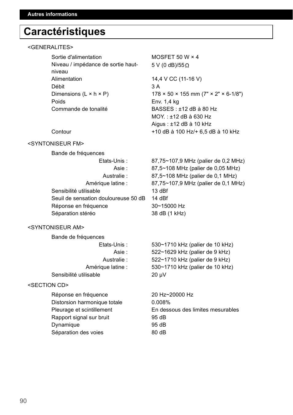 Caractéristiques | Eclipse - Fujitsu Ten CD2000 User Manual | Page 90 / 141