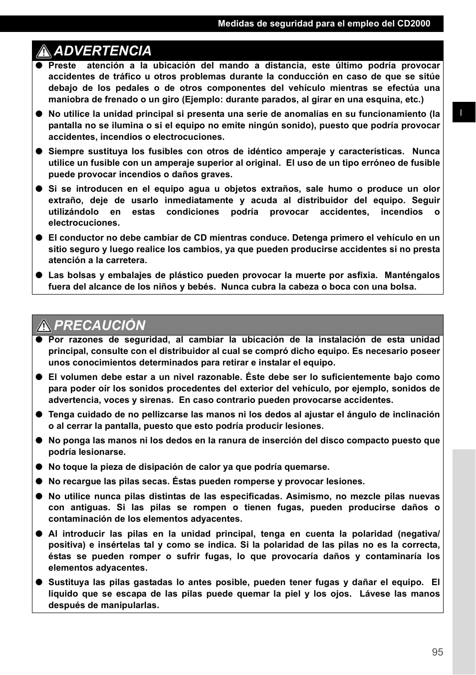 Advertencia, Precaución | Eclipse - Fujitsu Ten CD2000 User Manual | Page 95 / 141