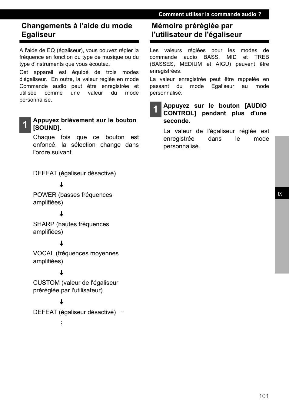 Changements à l'aide du mode egaliseur, Mémoire préréglée par l'utilisateur de l'égaliseur | Eclipse - Fujitsu Ten CD4000 User Manual | Page 101 / 195