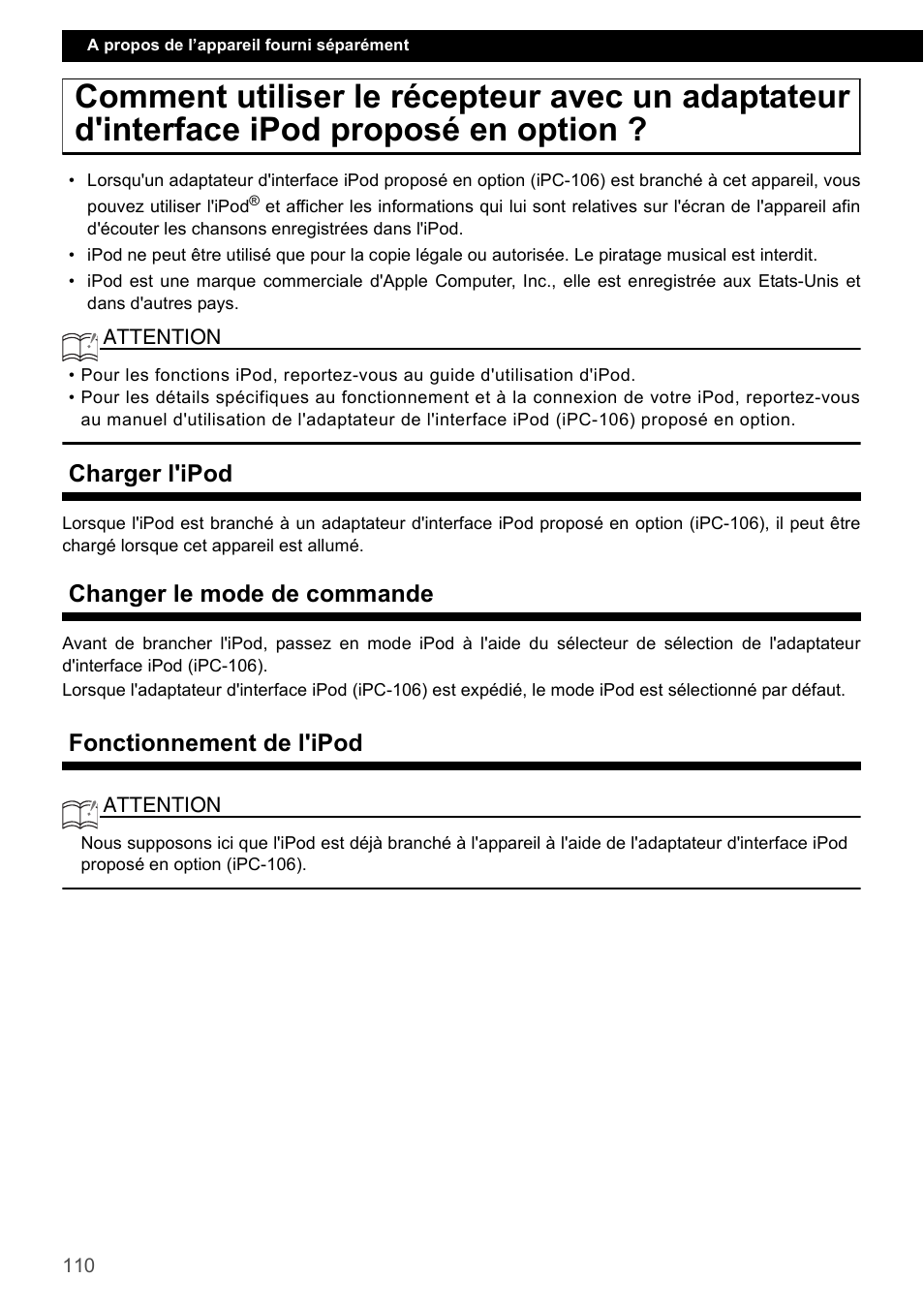 Charger l'ipod, Changer le mode de commande, Fonctionnement de l'ipod | Eclipse - Fujitsu Ten CD4000 User Manual | Page 110 / 195