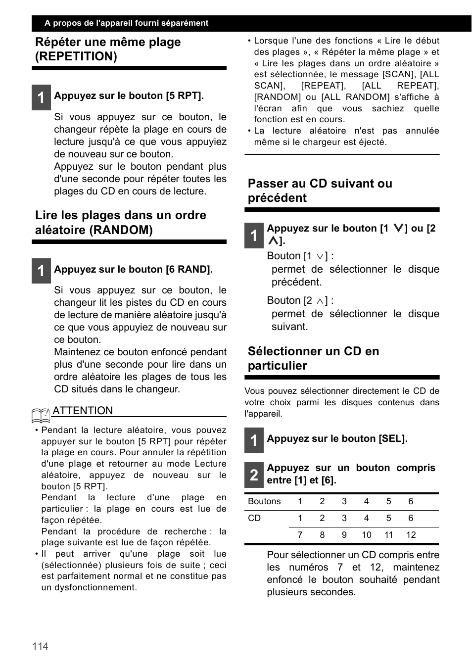 Répéter une même plage (repetition), Lire les plages dans un ordre aléatoire (random), Passer au cd suivant ou précédent | Sélectionner un cd en particulier | Eclipse - Fujitsu Ten CD4000 User Manual | Page 114 / 195