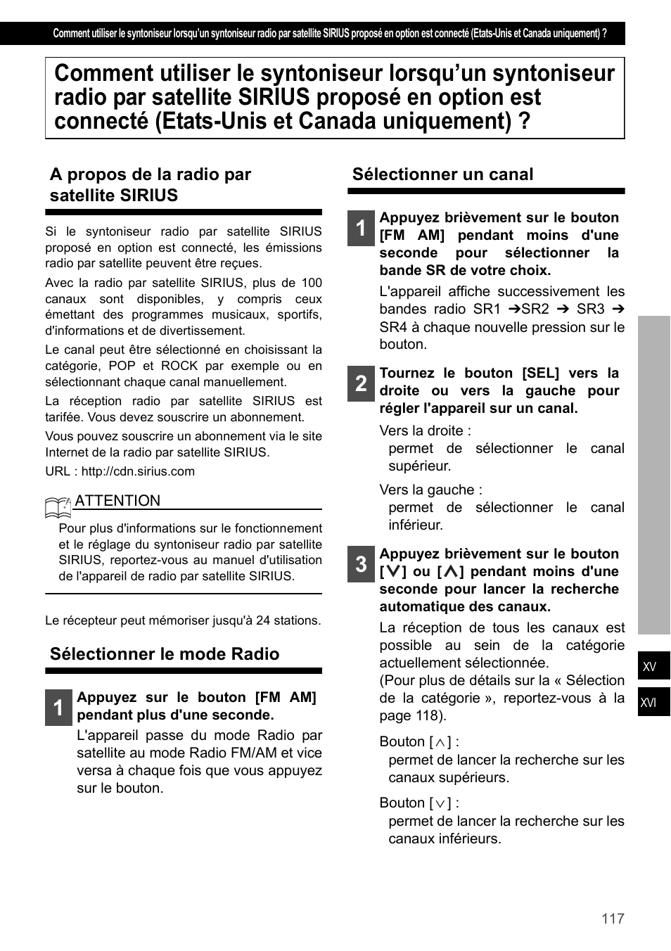 A propos de la radio par satellite sirius, Sélectionner le mode radio, Sélectionner un canal | Eclipse - Fujitsu Ten CD4000 User Manual | Page 117 / 195