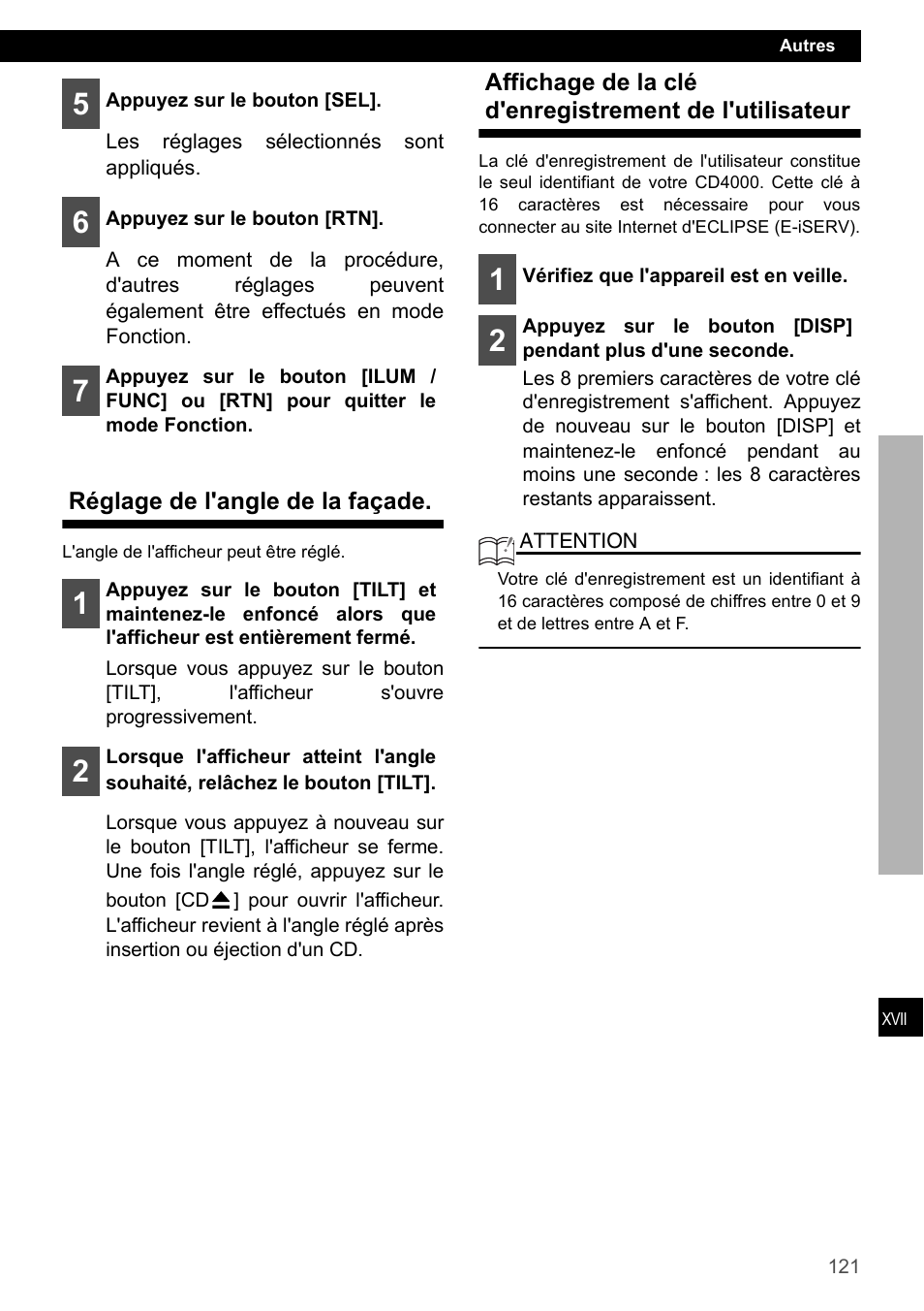 Réglage de l'angle de la façade | Eclipse - Fujitsu Ten CD4000 User Manual | Page 121 / 195