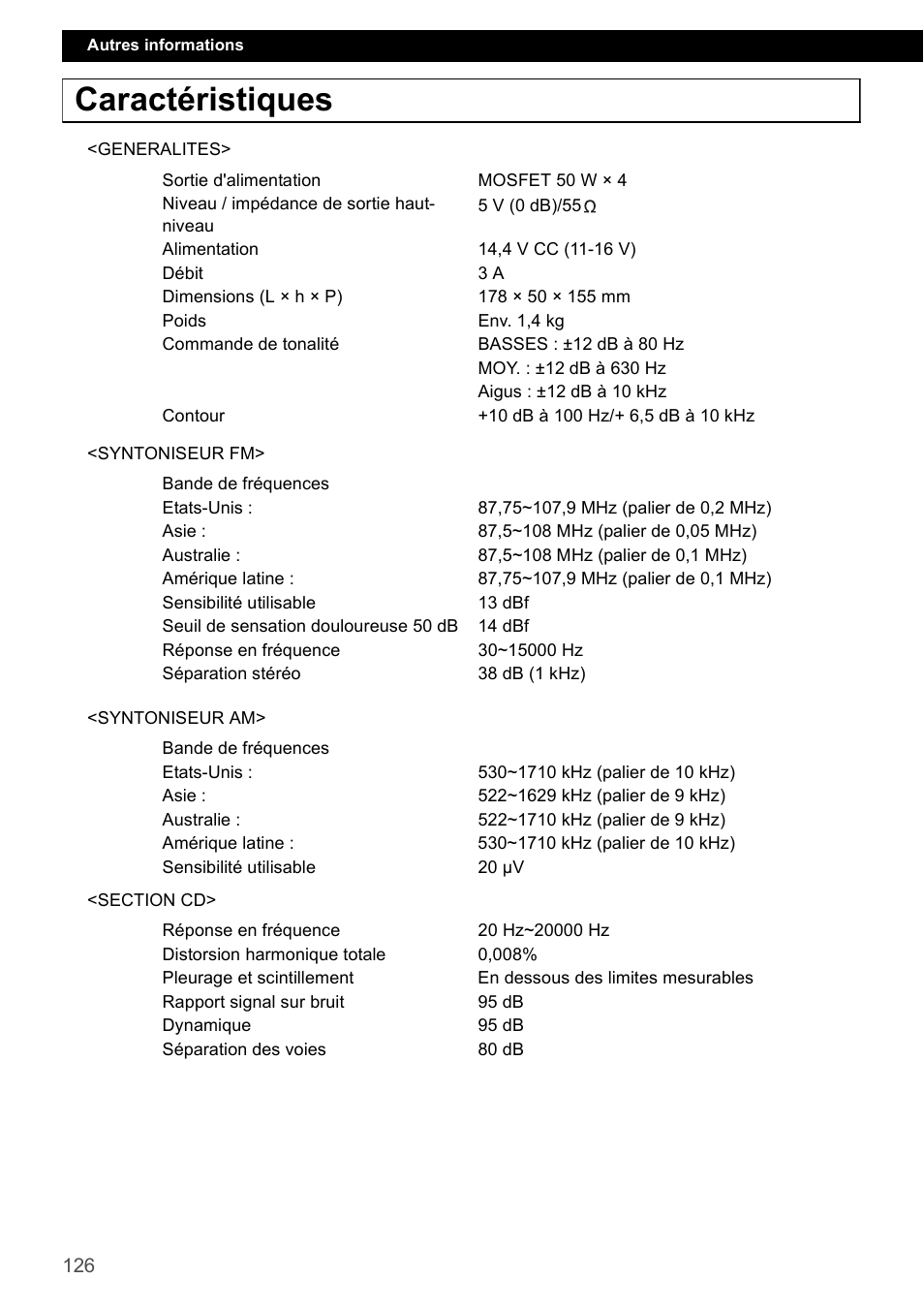 Caractéristiques | Eclipse - Fujitsu Ten CD4000 User Manual | Page 126 / 195