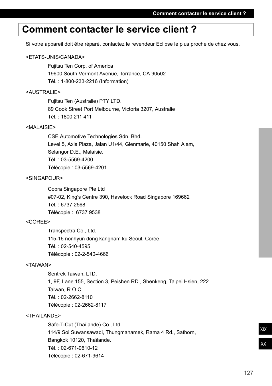 Comment contacter le service client | Eclipse - Fujitsu Ten CD4000 User Manual | Page 127 / 195