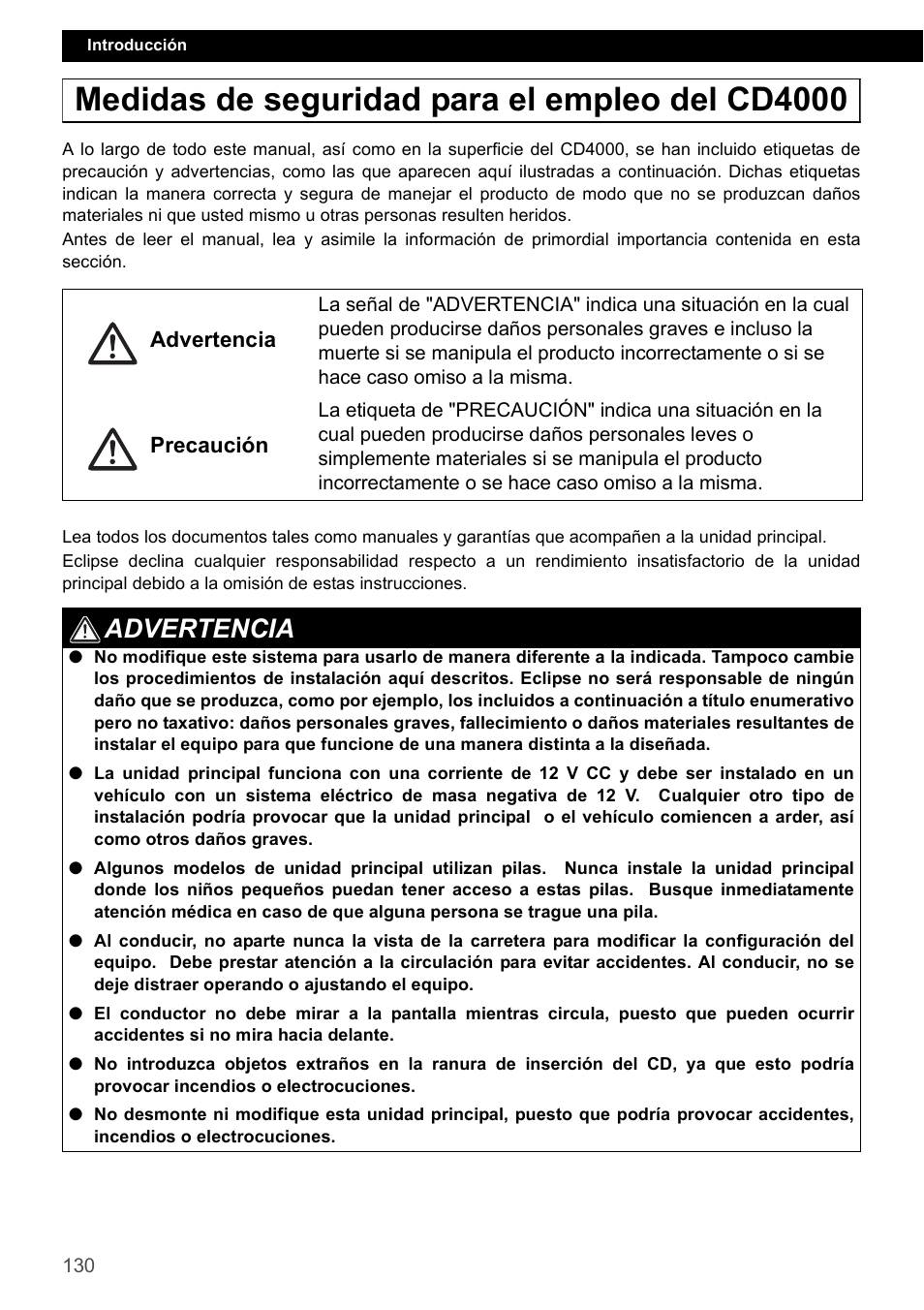 Medidas de seguridad para el empleo del cd4000, Advertencia | Eclipse - Fujitsu Ten CD4000 User Manual | Page 130 / 195