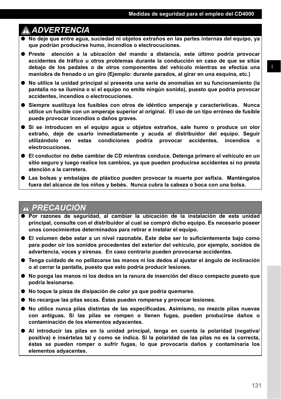 Advertencia, Precaución | Eclipse - Fujitsu Ten CD4000 User Manual | Page 131 / 195