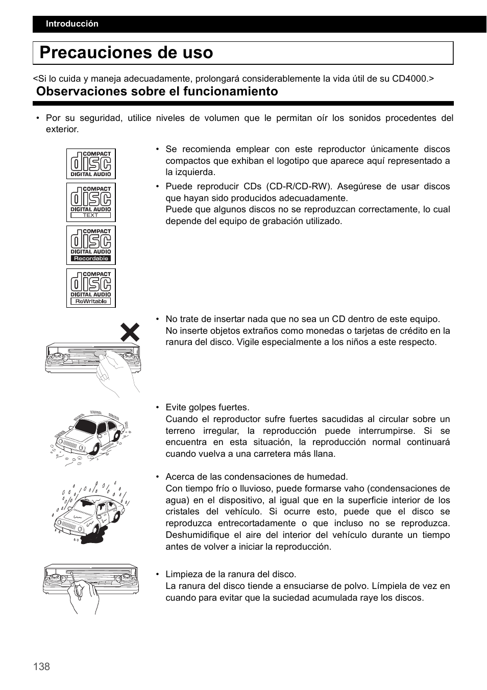 Precauciones de uso, Observaciones sobre el funcionamiento | Eclipse - Fujitsu Ten CD4000 User Manual | Page 138 / 195