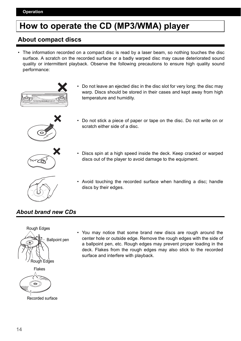 How to operate the cd (mp3/wma) player, About compact discs, About brand new cds | Eclipse - Fujitsu Ten CD4000 User Manual | Page 14 / 195