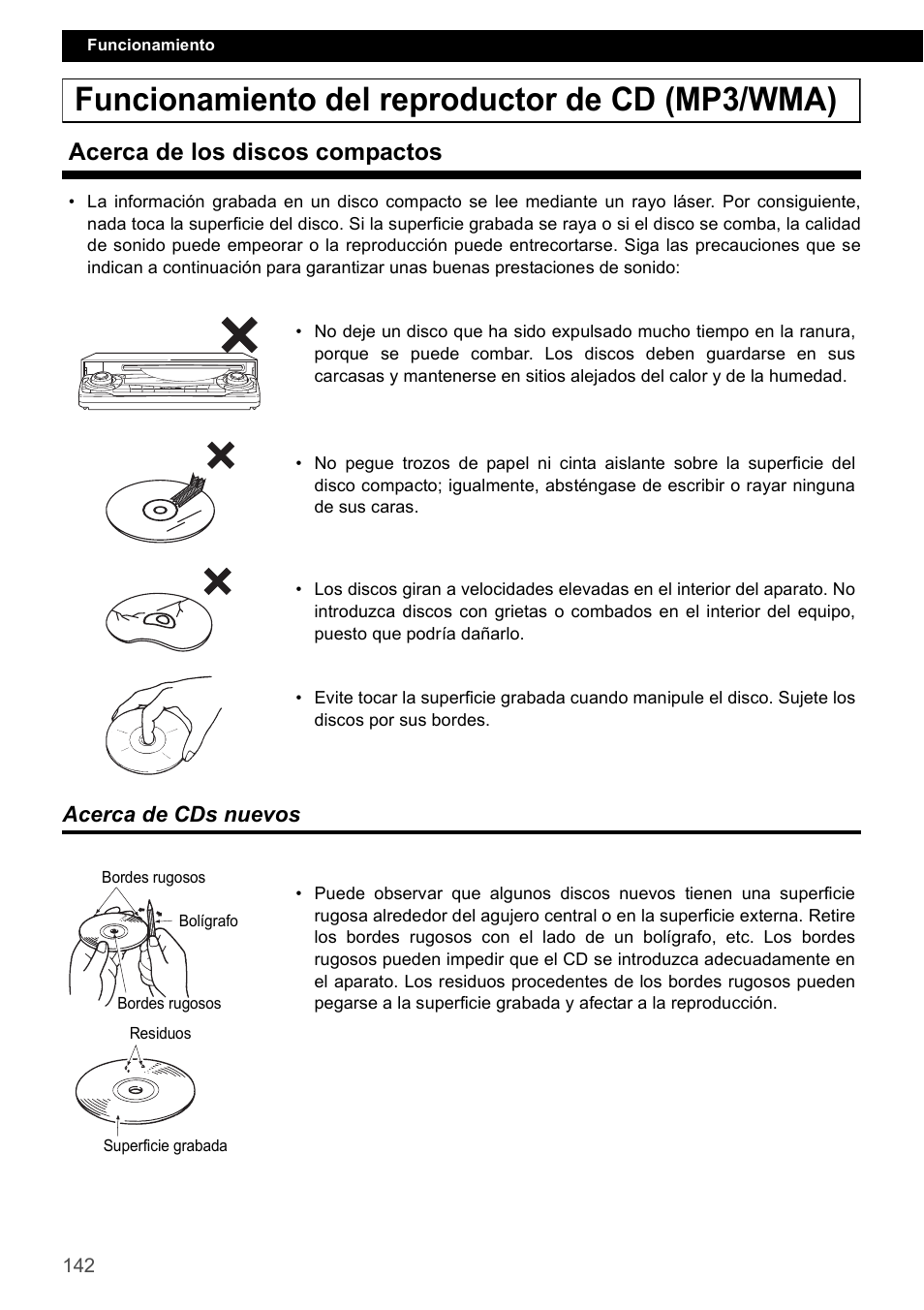 Funcionamiento del reproductor de cd (mp3/wma), Acerca de los discos compactos, Acerca de cds nuevos | Eclipse - Fujitsu Ten CD4000 User Manual | Page 142 / 195