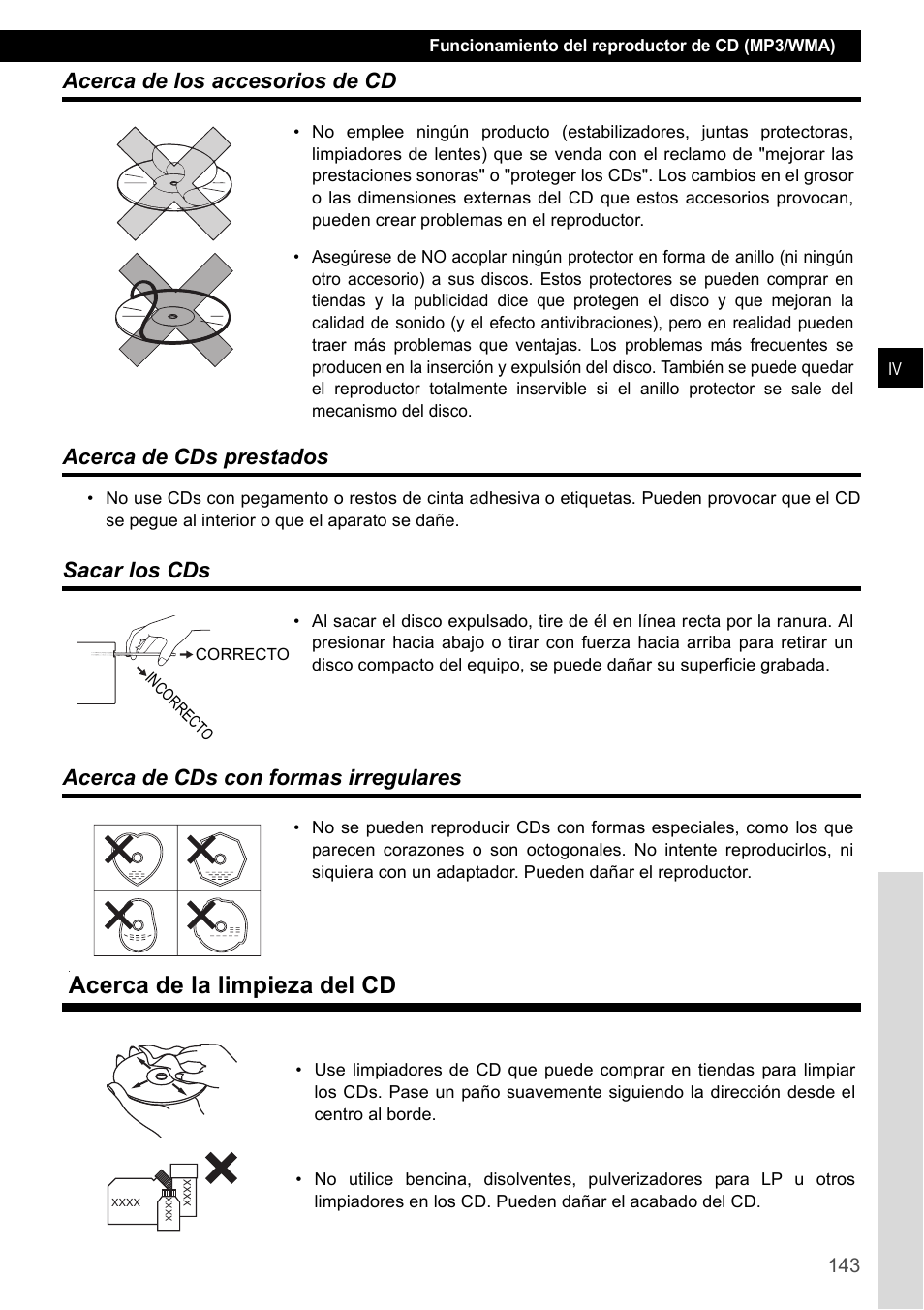 Acerca de los accesorios de cd, Acerca de cds prestados, Sacar los cds | Acerca de cds con formas irregulares, Acerca de la limpieza del cd, Sacar los cds acerca de cds con formas irregulares | Eclipse - Fujitsu Ten CD4000 User Manual | Page 143 / 195