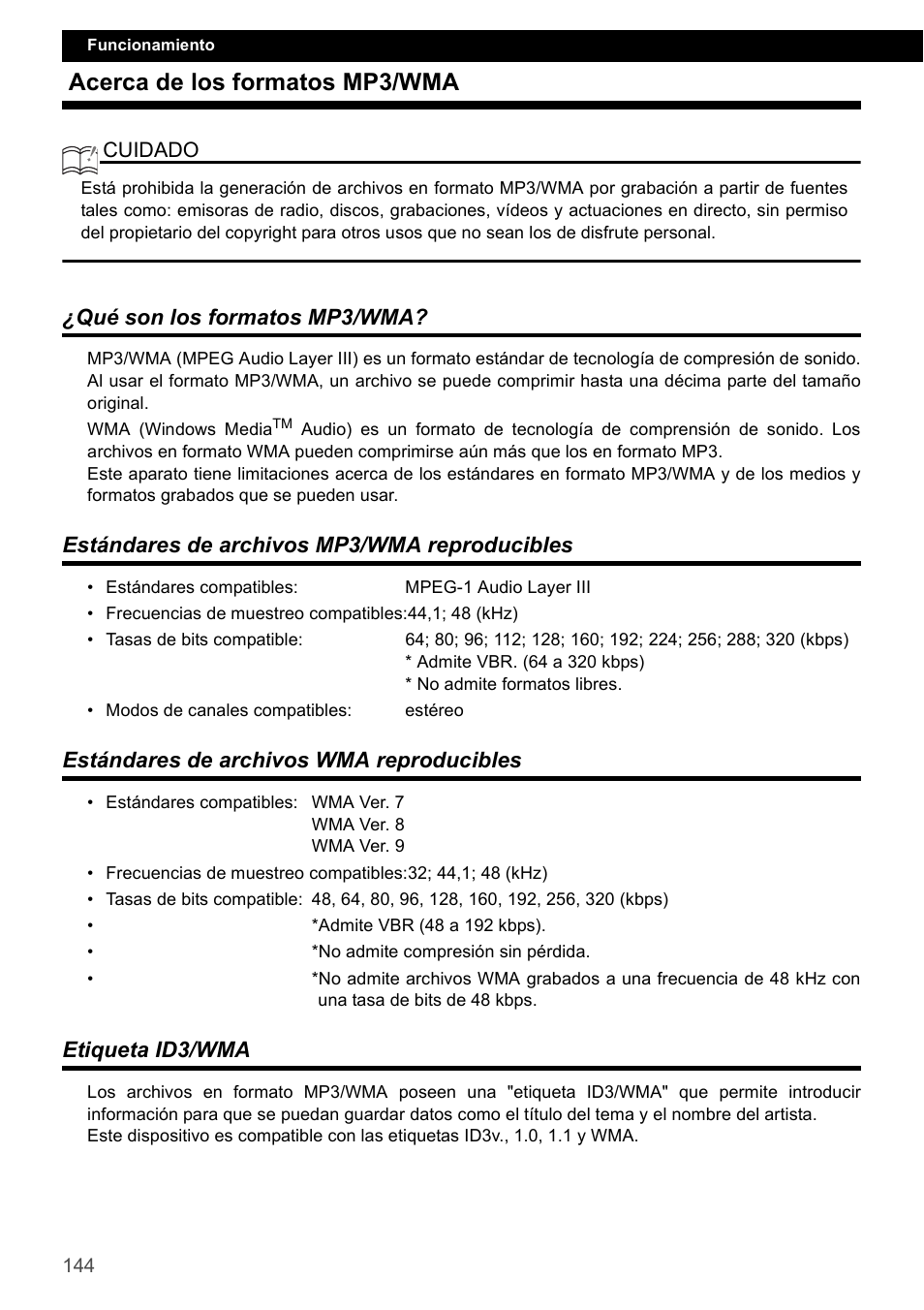 Acerca de los formatos mp3/wma, Qué son los formatos mp3/wma, Estándares de archivos mp3/wma reproducibles | Estándares de archivos wma reproducibles, Etiqueta id3/wma | Eclipse - Fujitsu Ten CD4000 User Manual | Page 144 / 195