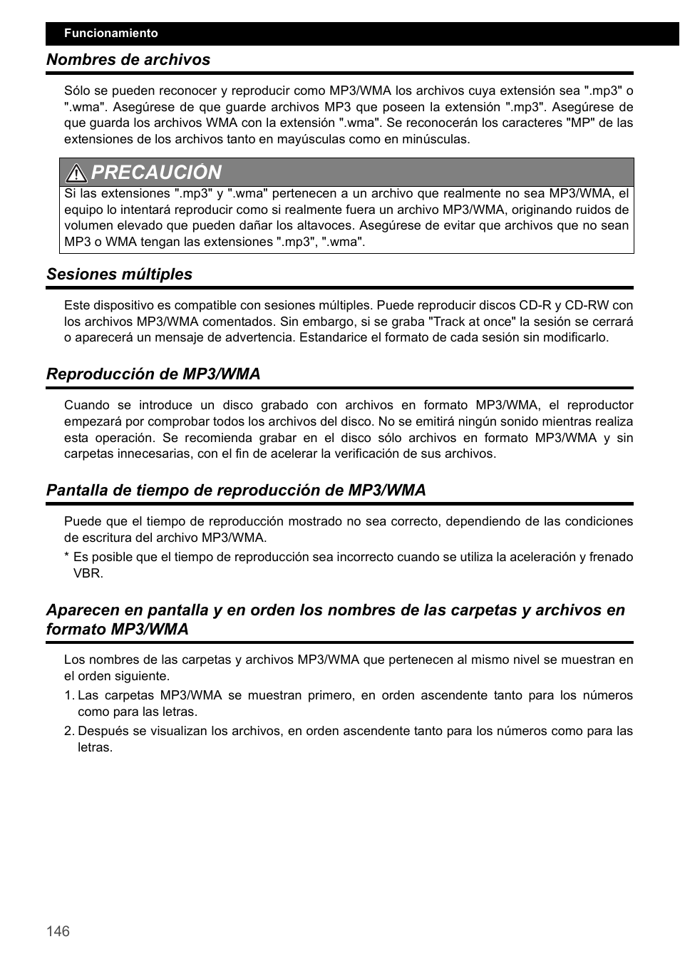 Nombres de archivos, Sesiones múltiples, Reproducción de mp3/wma | Pantalla de tiempo de reproducción de mp3/wma, Precaución | Eclipse - Fujitsu Ten CD4000 User Manual | Page 146 / 195