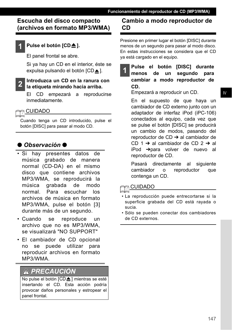 Cambio a modo reproductor de cd, Precaución | Eclipse - Fujitsu Ten CD4000 User Manual | Page 147 / 195